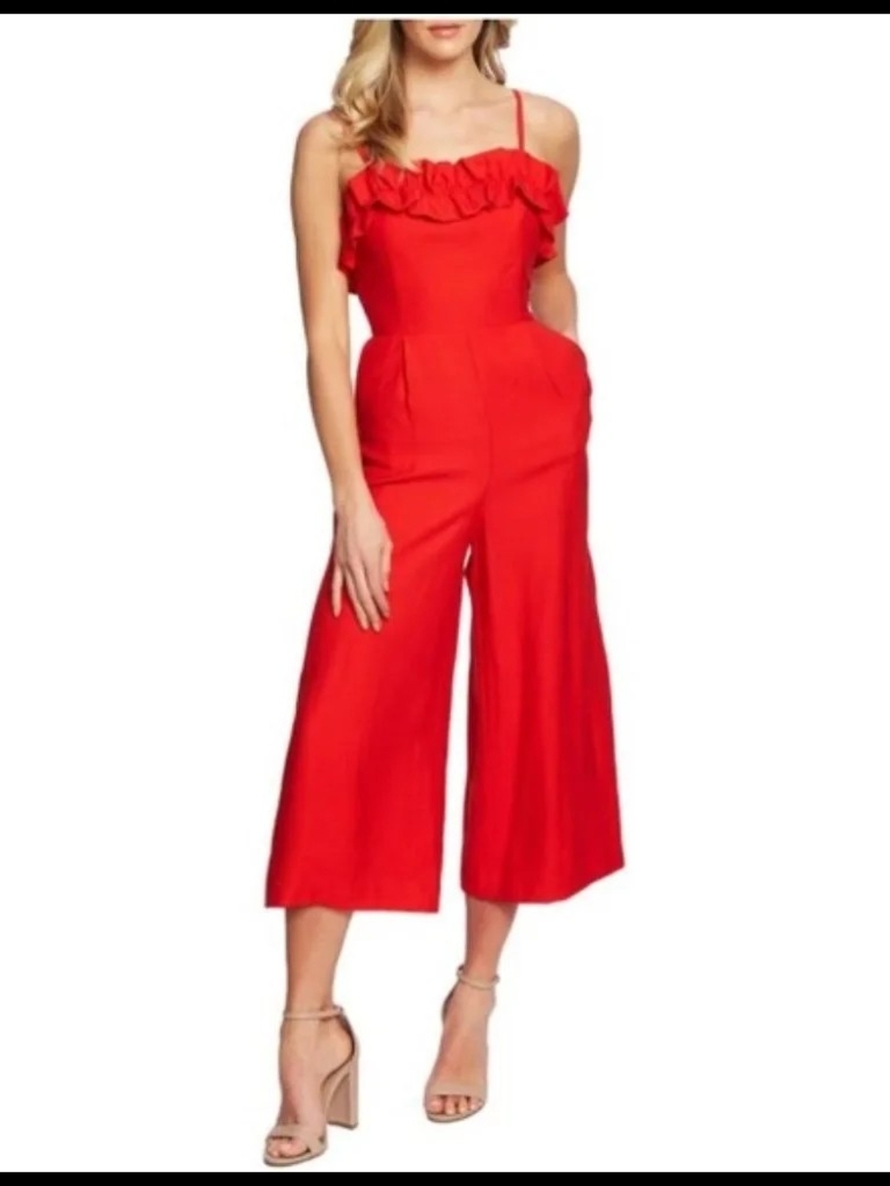 CeCe Red Ruffle-Trim Wide-Leg Jumpsuit